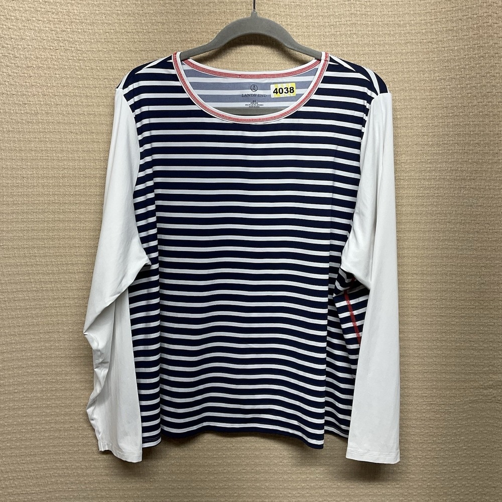 Lands End Plus 2X Navy Blue White Stripe Rash Guard Swim Shirt 20w-22W Long Slv
